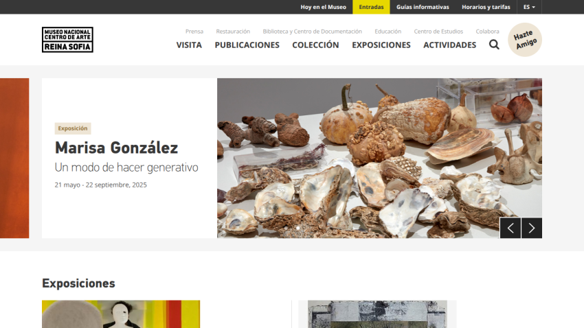 Homepage featuring Marisa González exhibition with images and event details.