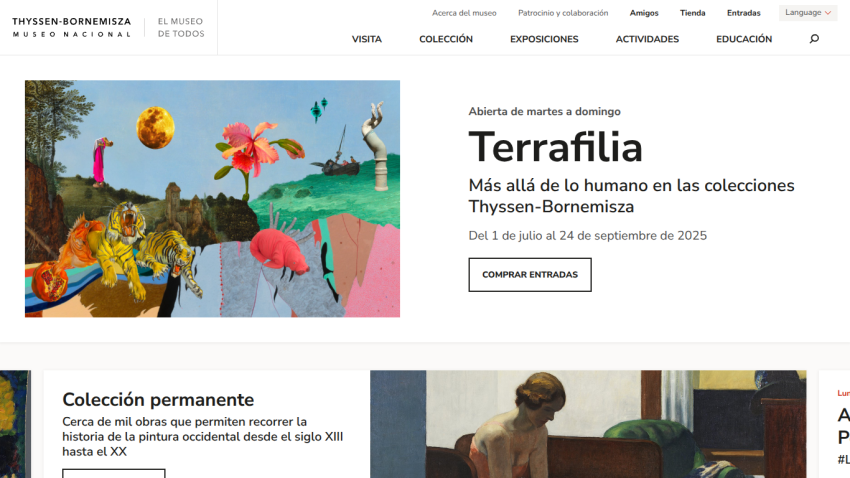 Homepage of Thyssen-Bornemisza Museum featuring the exhibition 'Terrafilia'.