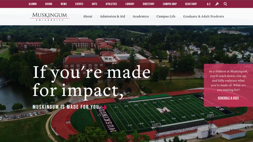 Muskigum University homepage featuring a campus view and impact message.