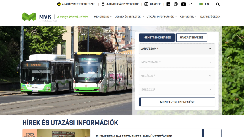 Public transport site with buses and tram image, schedule search form, and navigation menu in Hungarian