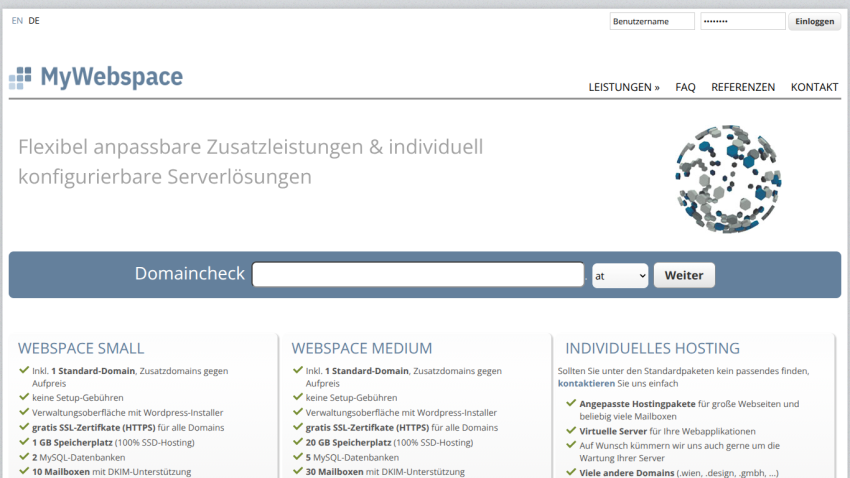 MyWebspace hosting service page with domain check, hosting plans, and login form in German