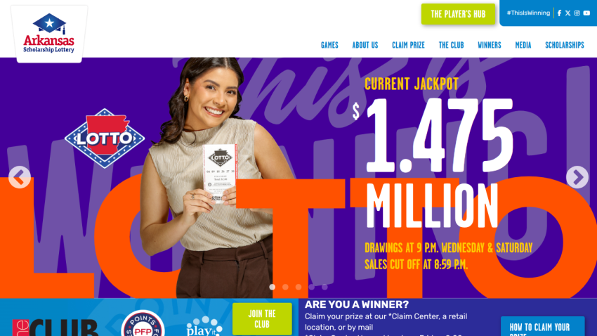 Arkansas Lottery homepage featuring current jackpot of $1.475 million and promotional content.