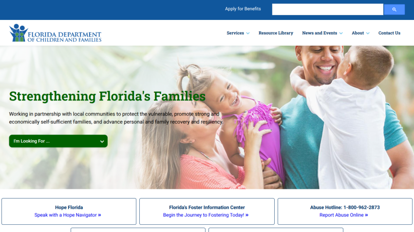 Homepage of Florida Department of Children and Families promoting family support services.