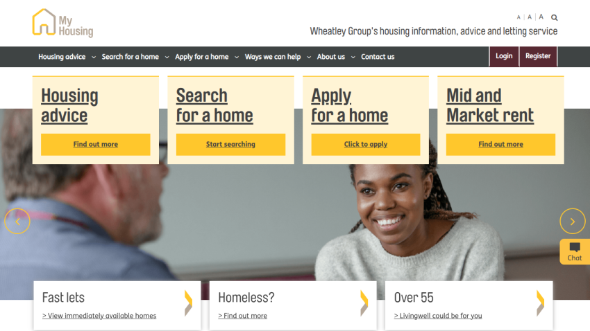 Housing advice and home search options with smiling woman in hero image on Wheatley Group housing service site