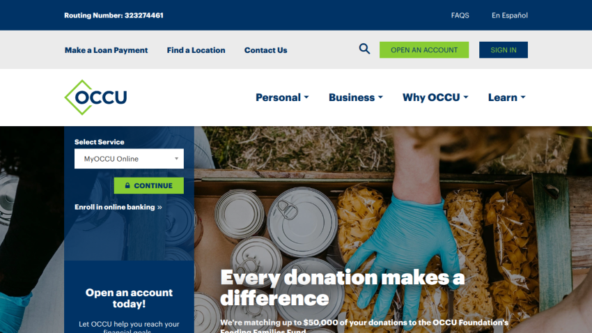 Credit union homepage with navigation bar, account service login, and hero section promoting donations.