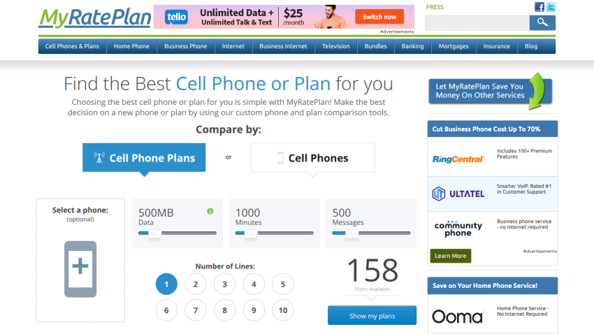 Comparison tool for cell phone plans with options for data and lines.