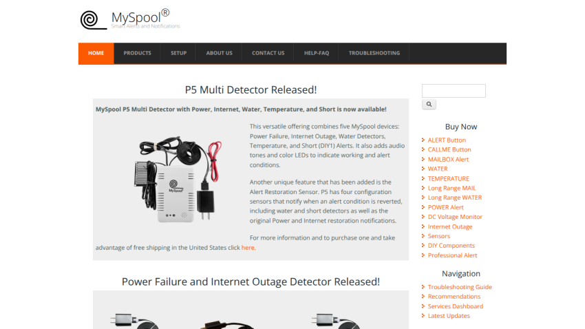 MySpool website showing PS Multi Detector and Power Failure and Internet Outage Detector product releases with navigation menu and buy options
