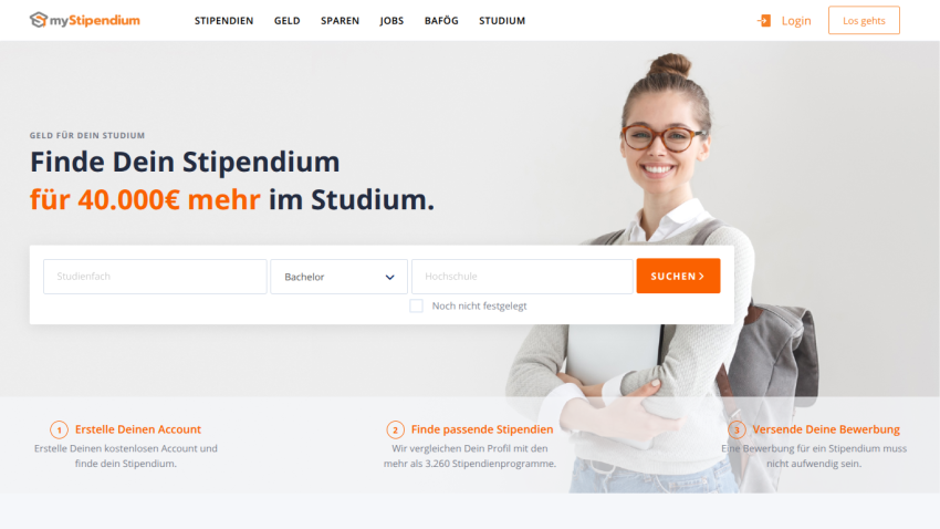 Scholarship search page offering up to 40,000€ more for studies with search filters and smiling student image