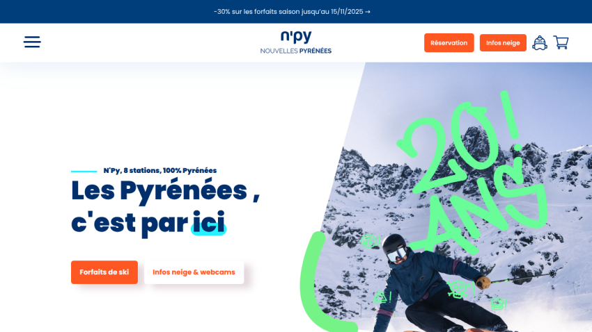 Skiing promotion for Les Pyrénées with a 20th anniversary highlight and call-to-action buttons