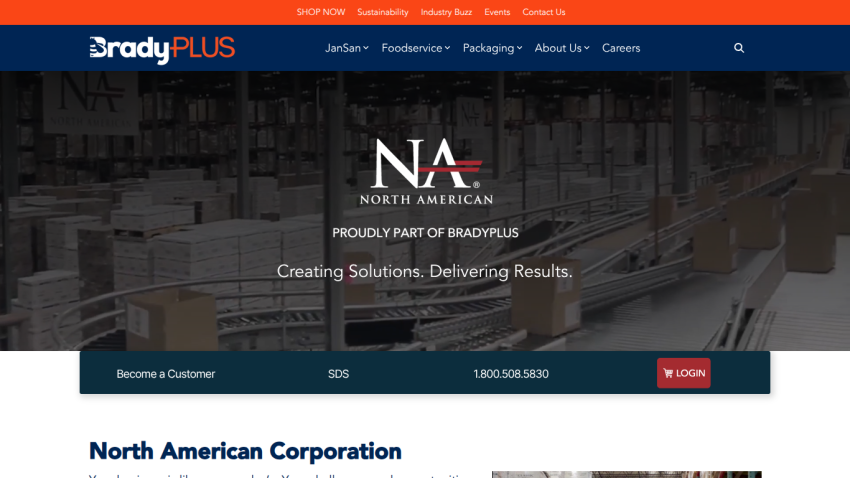 North American Corporation part of BradyPLUS with tagline Creating Solutions. Delivering Results and navigation links