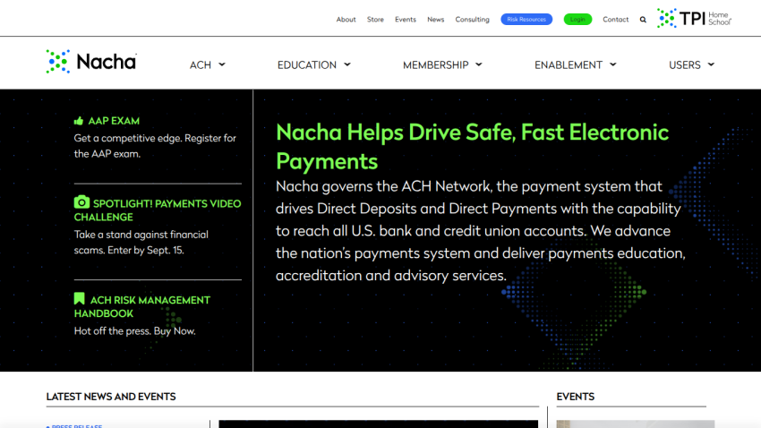 Nacha website promoting safe electronic payments with key information and navigation links.