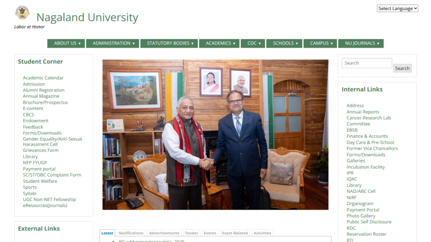 Nagaland University website showing header, navigation menu, and aerial view of university campus