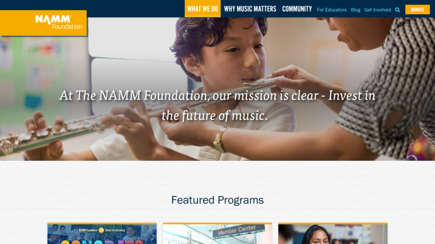 NAMM Foundation homepage with mission statement to invest in the future of music and navigation menu