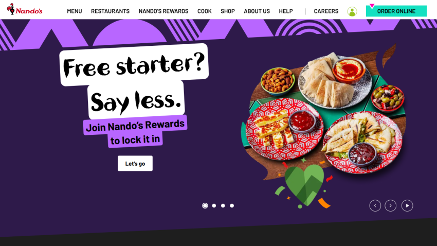 Promotional banner for Nando's offering a free starter with rewards program details.