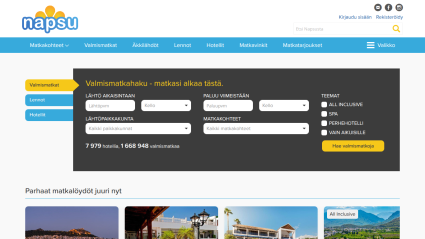 Travel booking site with search form for departure, return, destinations, and themes including all inclusive and spa