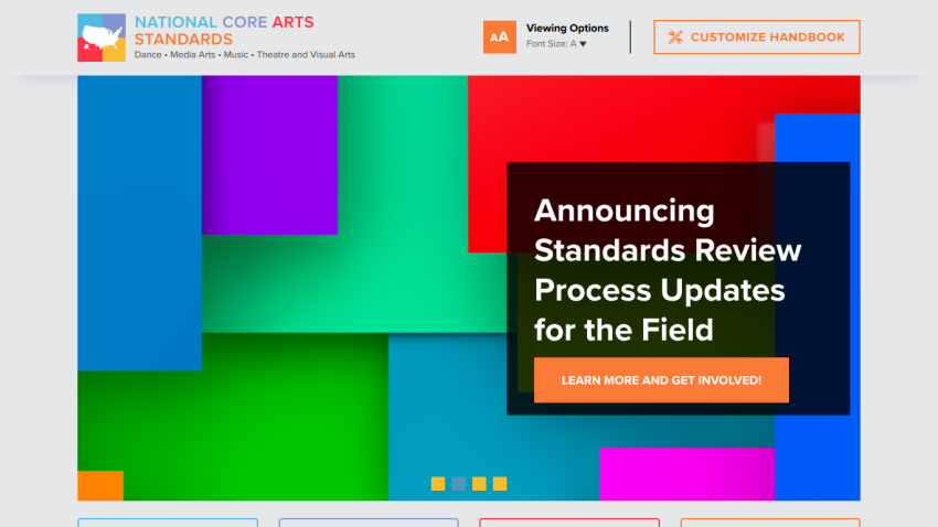 Homepage announcing updates to standards review process with colorful geometric background.