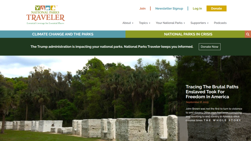 National Parks Traveler website featuring an article on historical paths to freedom.