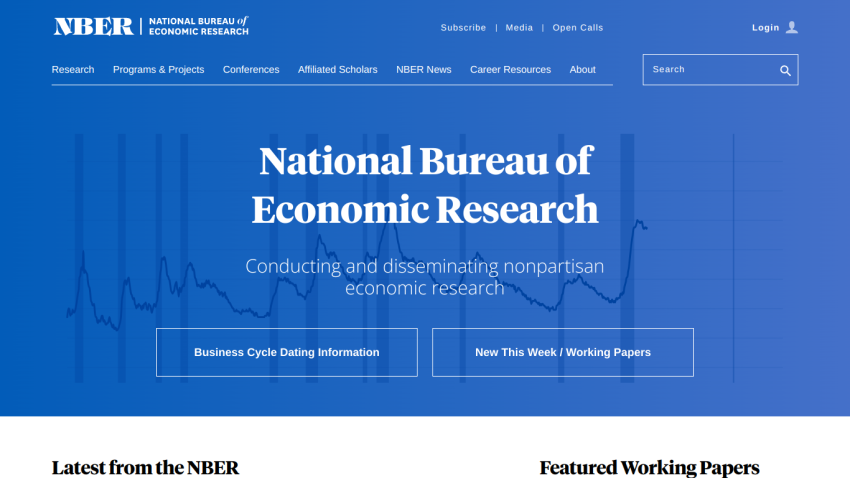 Homepage of the National Bureau of Economic Research featuring key information and latest working papers.