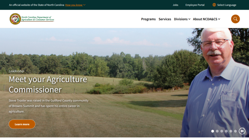 Homepage of the South Carolina Department of Agriculture featuring the Agriculture Commissioner.