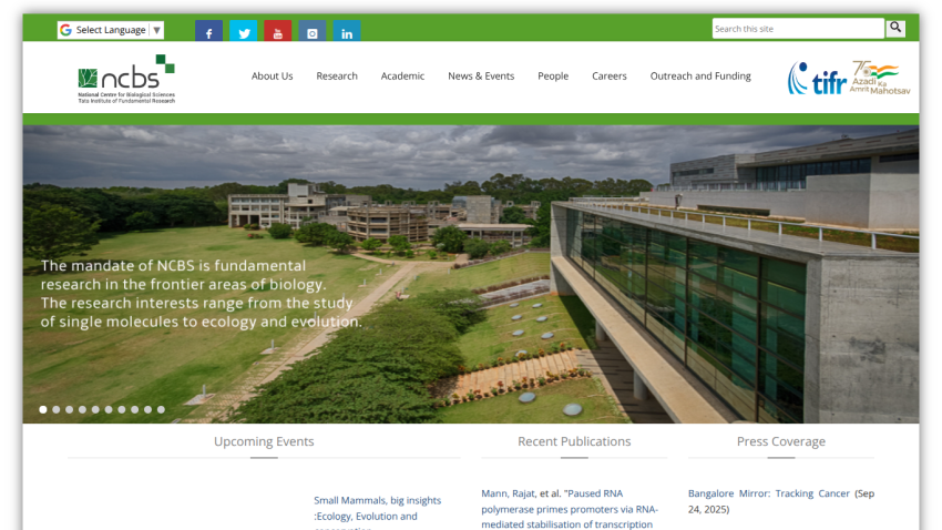 NCBS homepage with navigation menu, hero image of campus, and text about fundamental biology research mandate