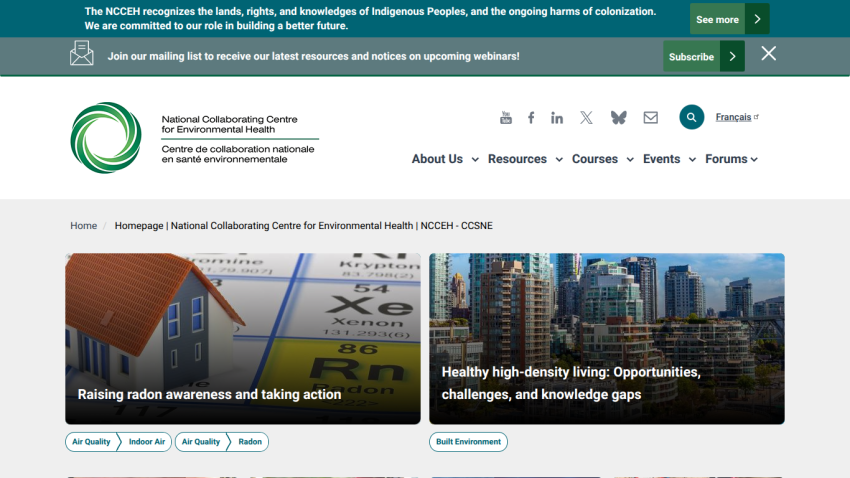 Homepage of National Collaborating Centre for Environmental Health with articles on radon awareness and healthy high-density living