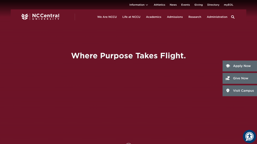 Homepage of NC Central University featuring the tagline 'Where Purpose Takes Flight.'