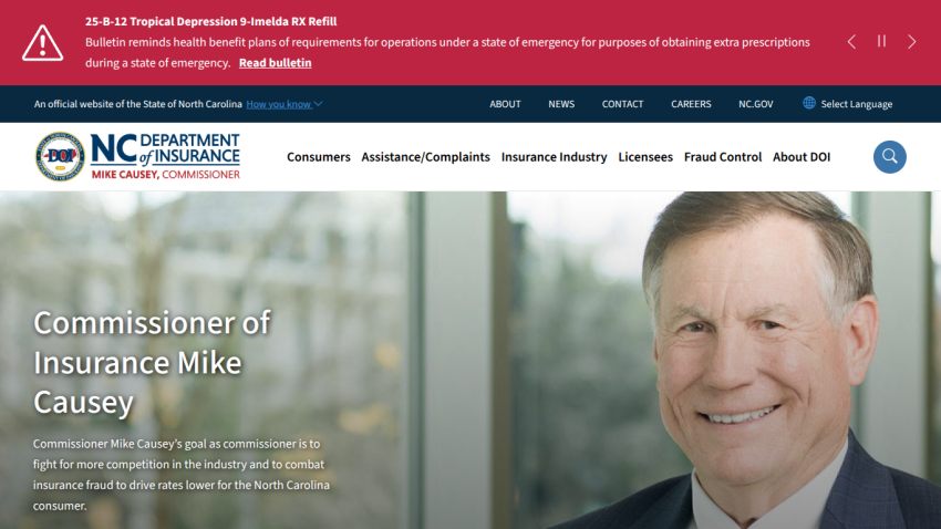 NC Department of Insurance homepage featuring Commissioner Mike Causey and navigation links for consumers, assistance, insurance industry, and more.