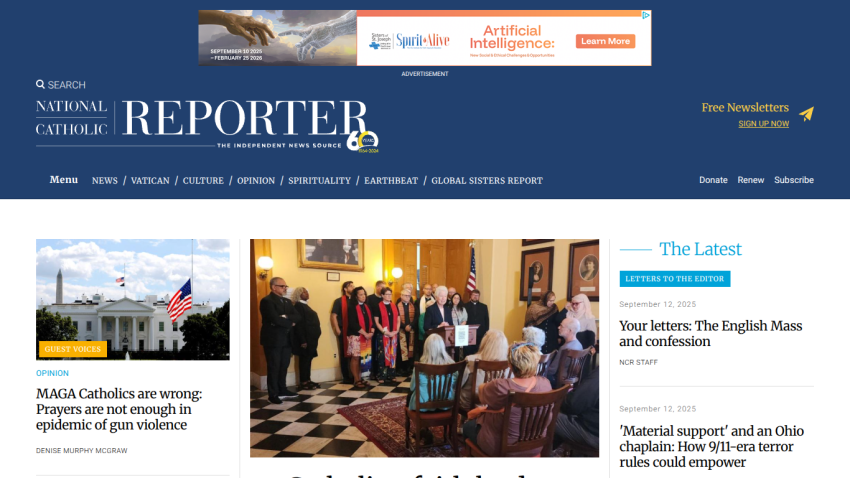 Homepage of National Catholic Reporter featuring news articles and images related to current events.