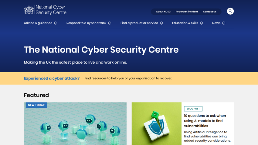 National Cyber Security Centre homepage with featured resources and guidance.