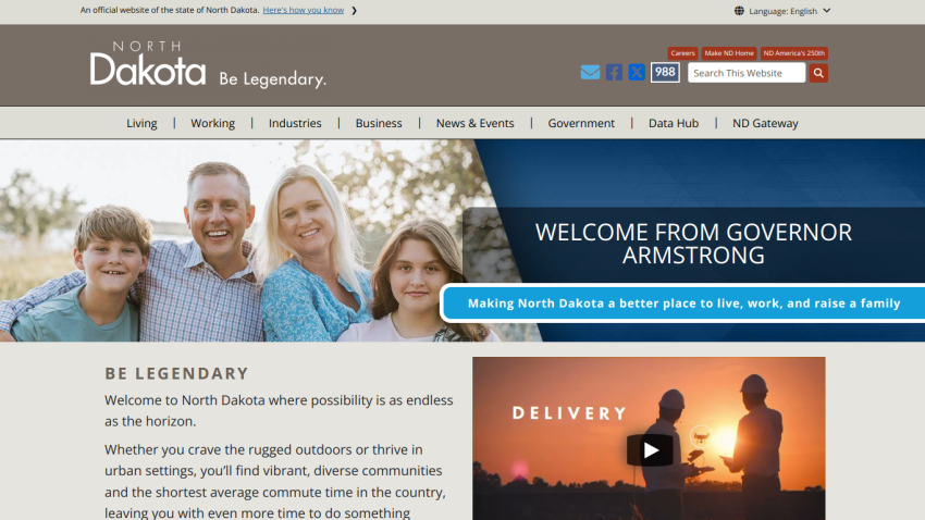 North Dakota tourism homepage featuring a family and a welcome message from the governor.