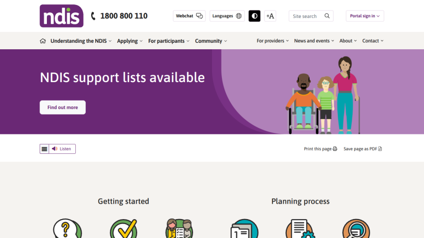 NDIS support lists available with navigation and icons for getting started and planning process.