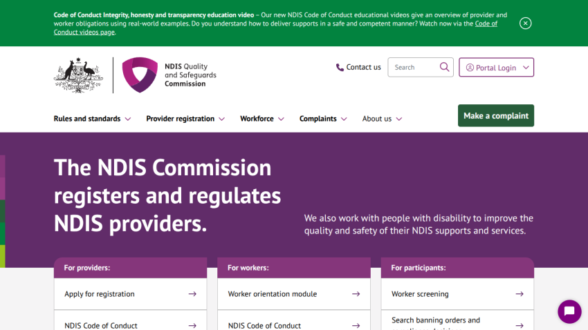 NDIS Commission homepage with navigation and sections for participants and workers