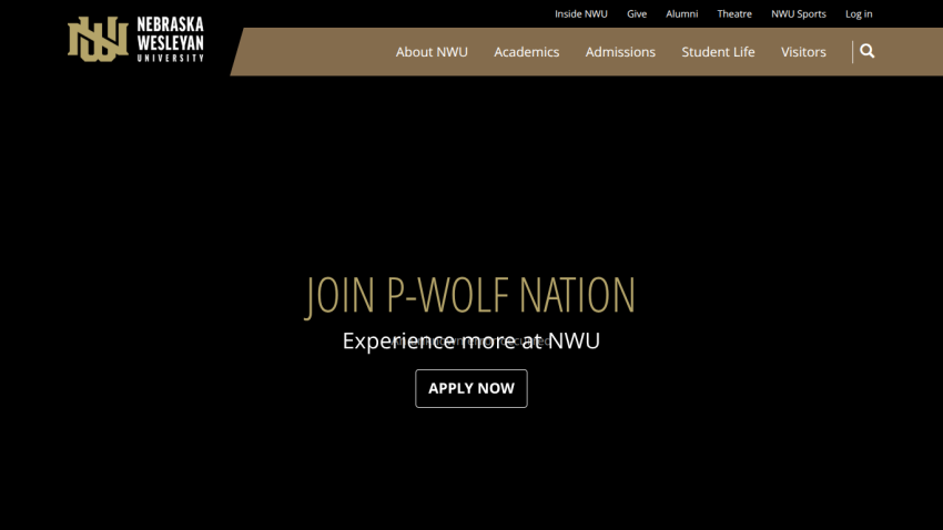 Join P-Wolf Nation at Nebraska Wesleyan University with an 'Apply Now' button.