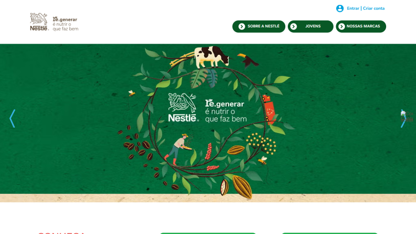 Nestlé website with navigation buttons and a green hero section featuring an illustration of nature and farming elements around the Nestlé logo