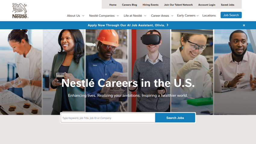 Nestlé Careers in the U.S. page with diverse professionals and a job search bar