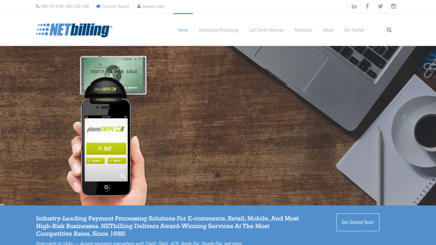 NETbilling payment processing solutions for e-commerce, mobile, and more, featuring a smartphone and cash.
