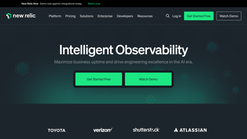Homepage featuring 'Intelligent Observability' with buttons for 'Get Started Free' and 'Watch Demo'.