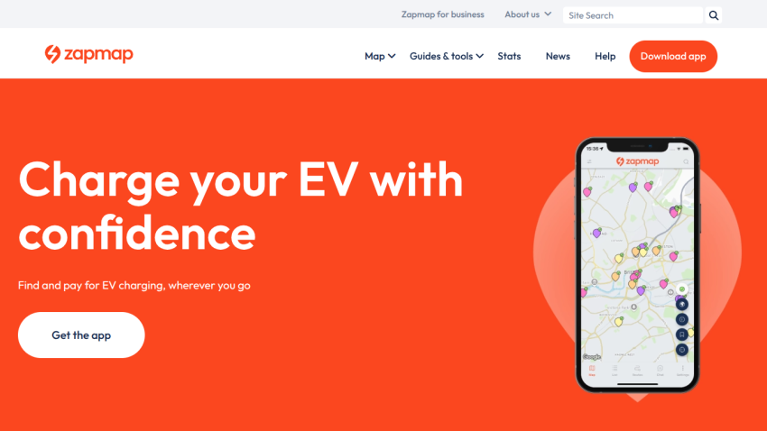 Zapmap homepage offering EV charging app with map and download option