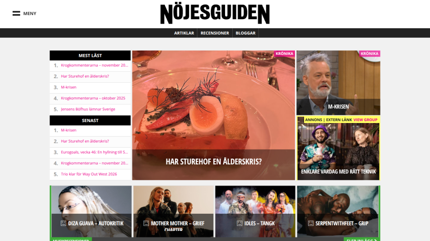 Nöjesguiden website showing articles, reviews, and blog navigation with featured stories and images