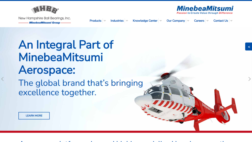 New Hampshire Ball Bearings homepage highlighting aerospace sector with helicopter image and navigation menu