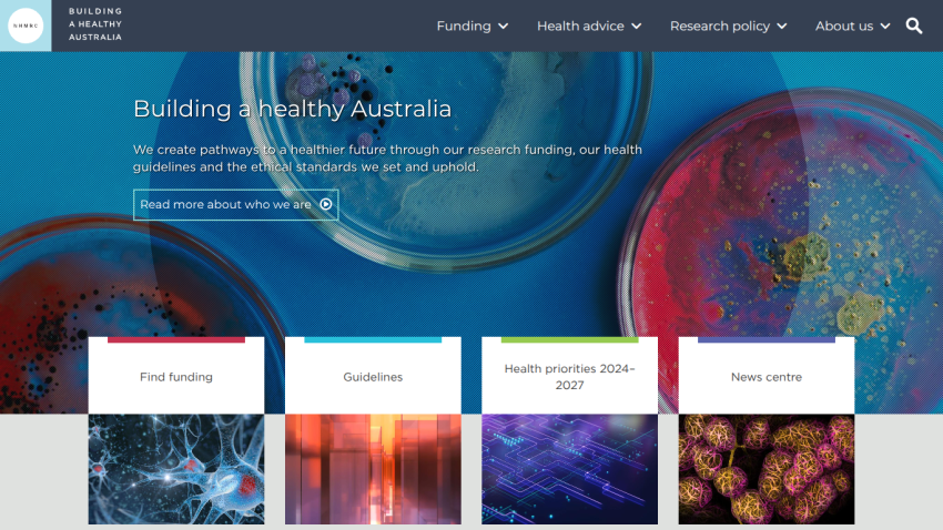 Homepage featuring research funding information and health guidelines in Australia.