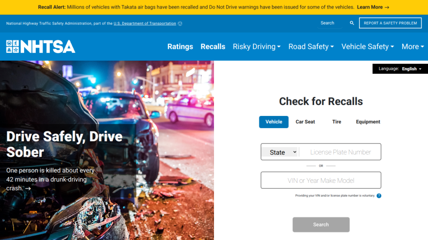 NHTSA website promoting safe driving with a recall check feature.