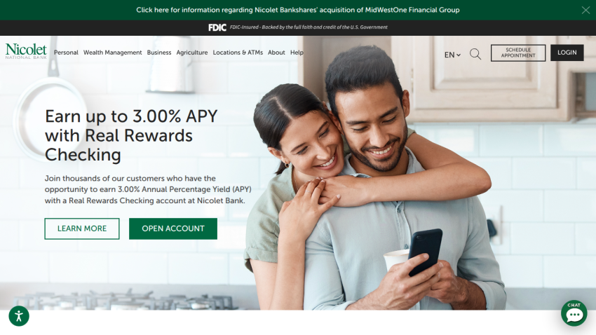 Nicolet National Bank homepage promoting 3.00% APY with Real Rewards Checking, with navigation and call-to-action buttons