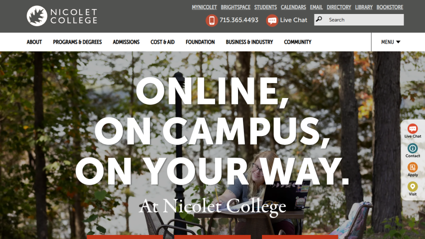 Nicolet College homepage with navigation and slogan 'Online, On Campus, On Your Way' over outdoor background