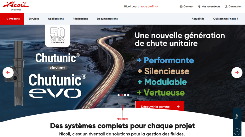Nicoll website hero promoting Chutunic evo product with features performante, silencieuse, modulable, vertueuse