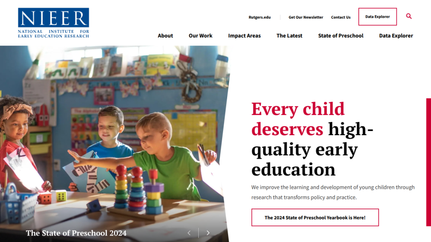 National Institute for Early Education Research homepage with children playing and text about high-quality early education
