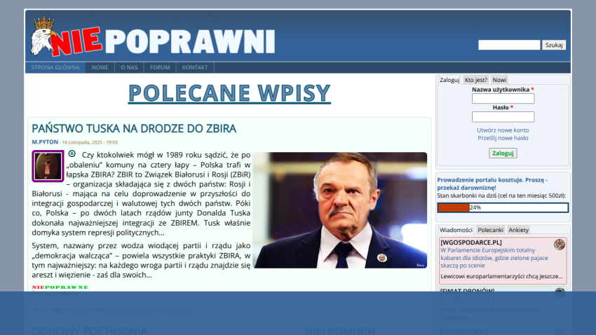 News website homepage with article titled 'PAŃSTWO TUSKA NA DRODZE DO ZBIRA' and login form on the right