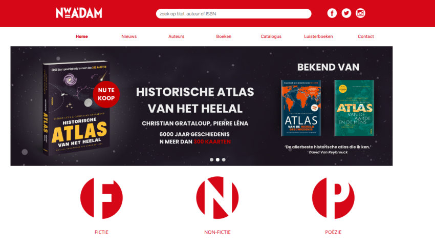 Homepage promoting the book Historische Atlas van het Heelal with navigation links and categories Fictie, Non-Fictie, Poëzie
