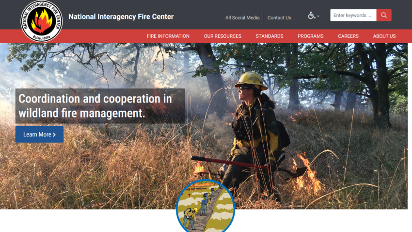 National Interagency Fire Center homepage with a firefighter and text about wildland fire management.