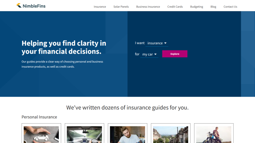 NimbleFins homepage with navigation and a financial clarity message plus insurance selection form